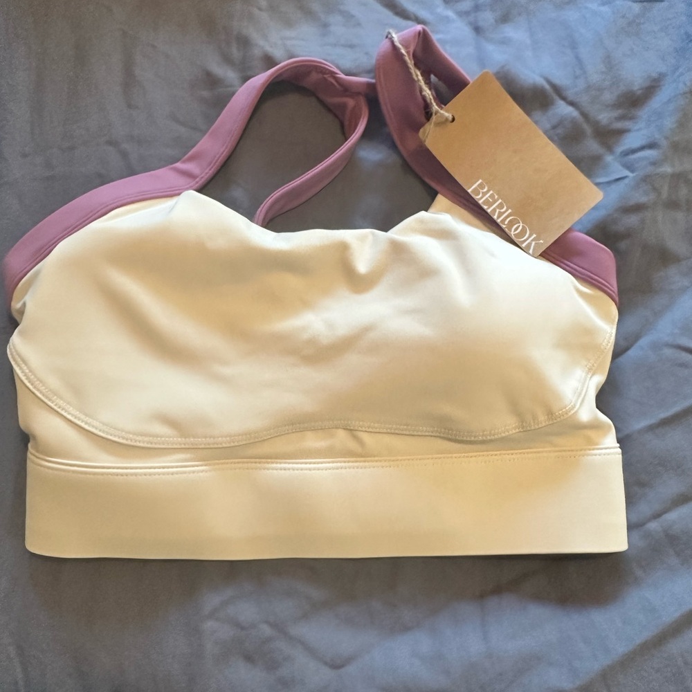 Cream and Pink Seamless Sports Bra with Wide Band